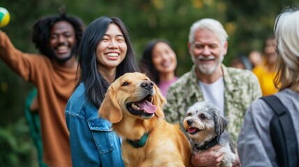 A Diverse Group of Pet Owners Enjoying a Walk in the Park with Their Beloved Dogs on a Sunny Day for Community and Animal Care Content