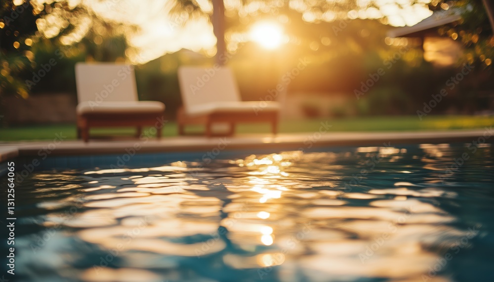 Poster blurry image of tranquil pool area with modern lounge chairs for ultimate relaxation and pleasure. r