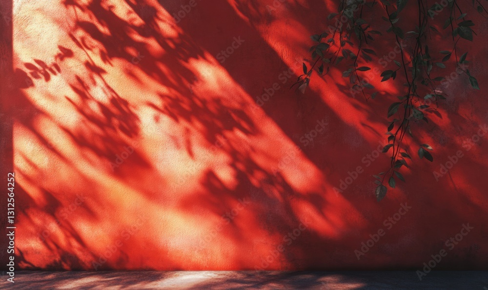 Aufkleber a vibrant red wall illuminated by soft sunlight casting dramatic shadows, creating a bold and artist