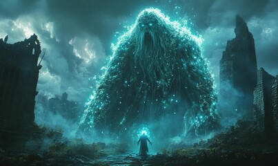 Glowing entity confronts lone figure ruins