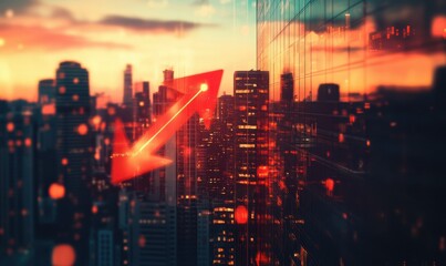 Rising Red Arrow Concept Over Cityscape at Sunset, Symbolizing Growth and Success Amidst Urban Background with Skyscrapers and Blurred City Lights
