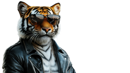 Cool tiger wearing sunglasses and leather jacket on transparent background