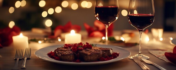 Romantic dinner with red wine and steak for a special occasion