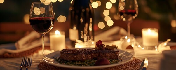 Romantic dinner with red wine and steak for a special occasion