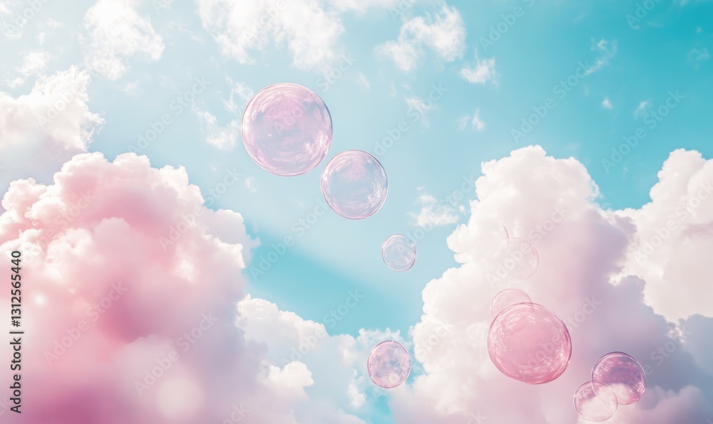 Poster soft pink bubbles float upwards in a cloudy sky with towering white puffy clouds
