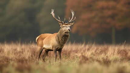 Obraz premium Majestic Red Deer Stag in Autumnal Field