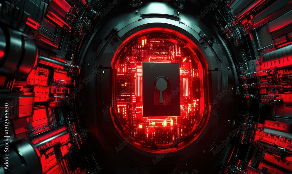 Aufkleber futuristic digital core with glowing red lights and metallic texture.