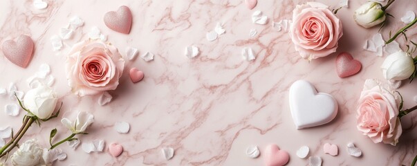 Romantic Valentines Day design with pink roses, white petals, and decorative hearts on a modern soft background