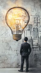 A man in a suit looking at a light bulb drawing