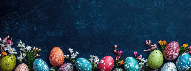 Des œufs de Pâques colorés avec des fleurs printanières sur fond bleu nuit foncé, vue de dessus. Concept de bannière pour vacances de pâques avec espace de copie pour texte.
