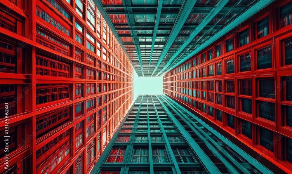 Aufkleber bold neon gridlines forming dynamic symmetrical patterns in shades of red and teal symbolizing advan