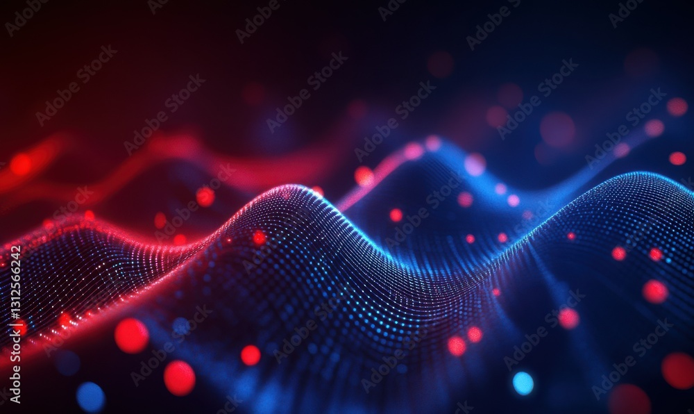 Poster bold red and blue gridlines glowing dynamically on a dark background creating a futuristic digital a