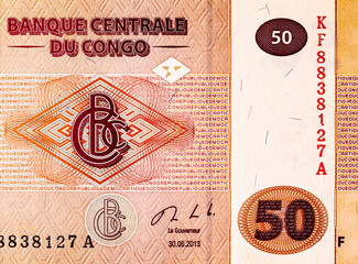 Banknote of 50 Congolese francs, fragment for design. Paper money of Africa and Congo.