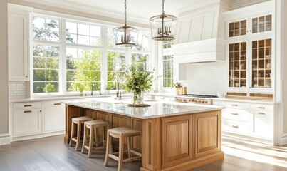Fototapeta premium Bright and airy kitchen with natural wood accents, sleek white cabinetry, and sunlight streaming through large windows