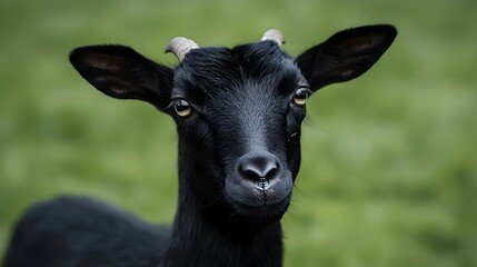 Fototapeta premium Portrait of a Black Goat in a Green Field