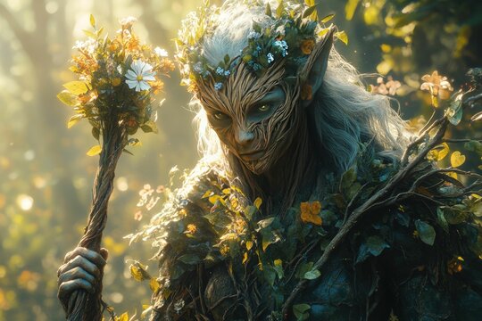 Mystical tree-being holds flowering branch, sunlight streams through forest.