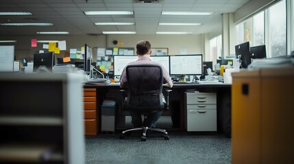 Man Working at Office Desk with Multiple Monitors