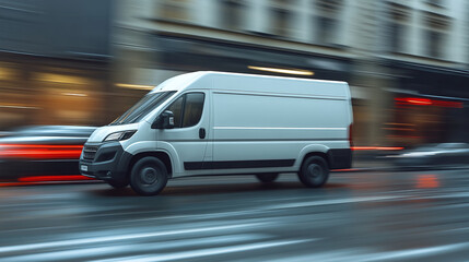Delivery Van in Motion: A white delivery van speeds down a city street, the blurred background conveying speed and urgency. Transportation and logistics at work.