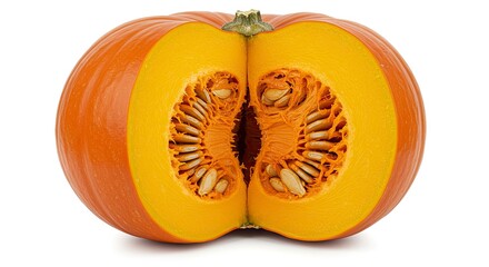 Sliced Pumpkin Still Life Revealing Seeds and Orange Flesh on White