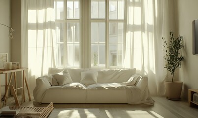 Fototapeta premium Bright living room with a clean white sofa, neutral accents, and sunlight streaming through large windows, creating a fresh and airy ambiance