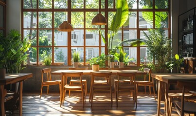 Fototapeta premium Bright modern dining area with natural wood furniture, vibrant plants, and sunlight streaming through large windows for a fresh and inviting design