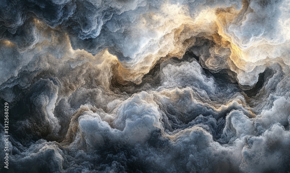 Poster dramatic dark clouds with intricate textures and soft light illuminating their edges, creating a moo