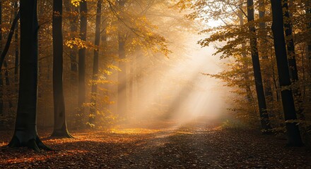 Obraz premium Walking Through Sunlight in Autumn Forest with Colorful Leaves