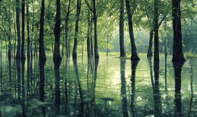 serene lake surface reflected in tall trees, natural beauty, nature scenery, greenery, still waters, outdoor scene