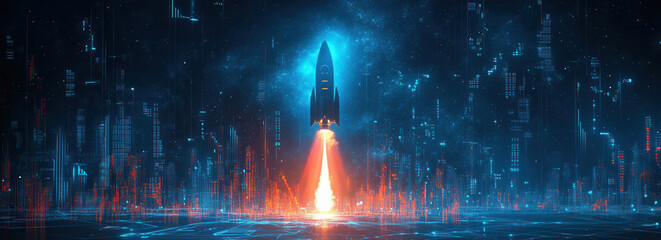 high-speed internet, 5G. Futuristic blue background with glowing upward arrows and rocket symbolizing successful business growth