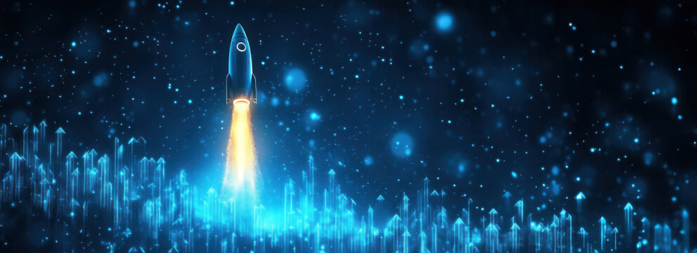 high-speed internet, 5G. Futuristic blue background with glowing arrows and a rocket launching, symbolizing business growth and stock market success