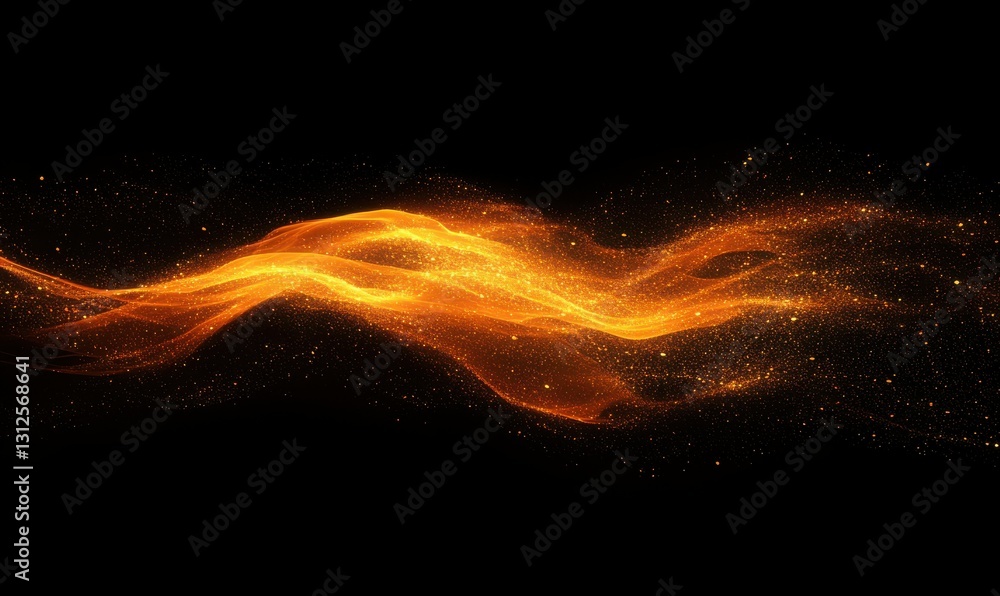 Poster dynamic abstract composition of glowing fiery orange and gold particles swirling against a black bac