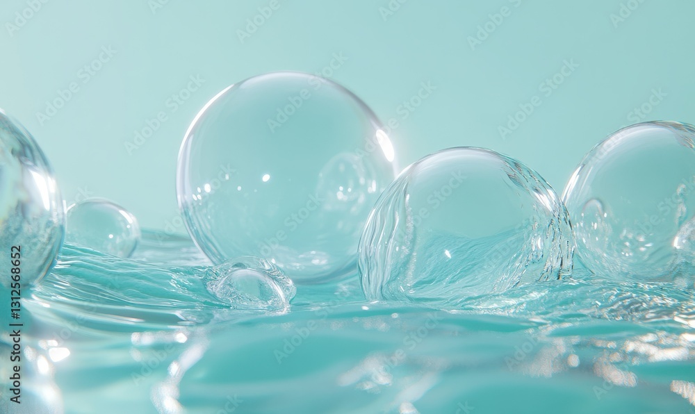 Poster dynamic bubbles rising in clear water, sharp reflections and vibrant turquoise tones creating a refr