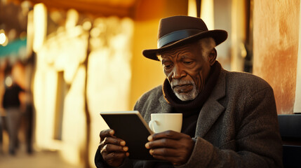Elderly man reading on a tablet while enjoying coffee in a cozy street setting