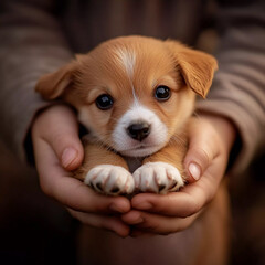 Cute puppy held gently in hands with soft fur and curious eyes during a sunny outdoor moment
