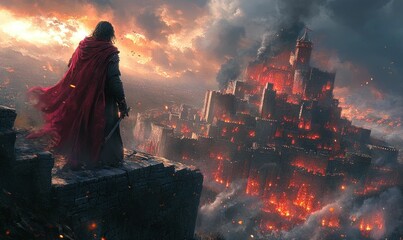 Lone figure witnesses fiery castle destruction