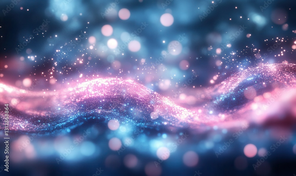 Poster dynamic image of glowing particles flowing in a vibrant abstract wave pattern, shades of pink and bl