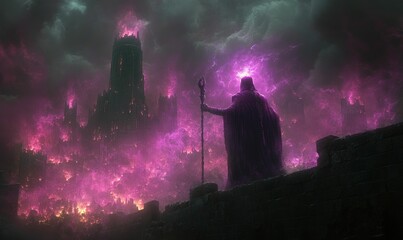 Fototapeta premium Dark sorcerer watches burning city ominous night