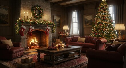 Cozy Living Room Scene with Christmas Tree and Fireplace