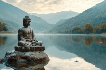 Buddha Statue on Rock in Lake