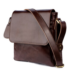 Brown leather shoulder bag isolated on white background, perfect for leather product catalogue