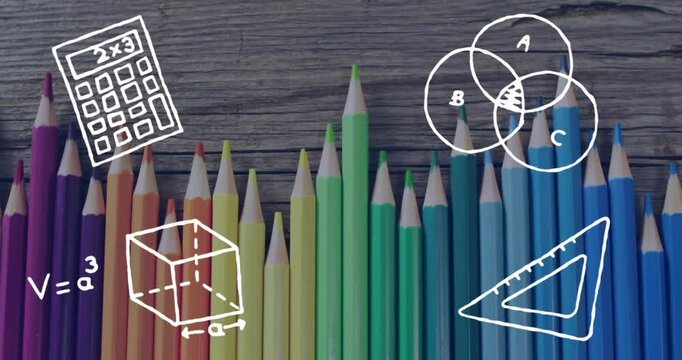 In school, colorful pencils arranged with animation of math symbols and equations