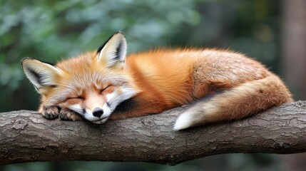 Red Fox Sleeping Peacefully on Tree Branch