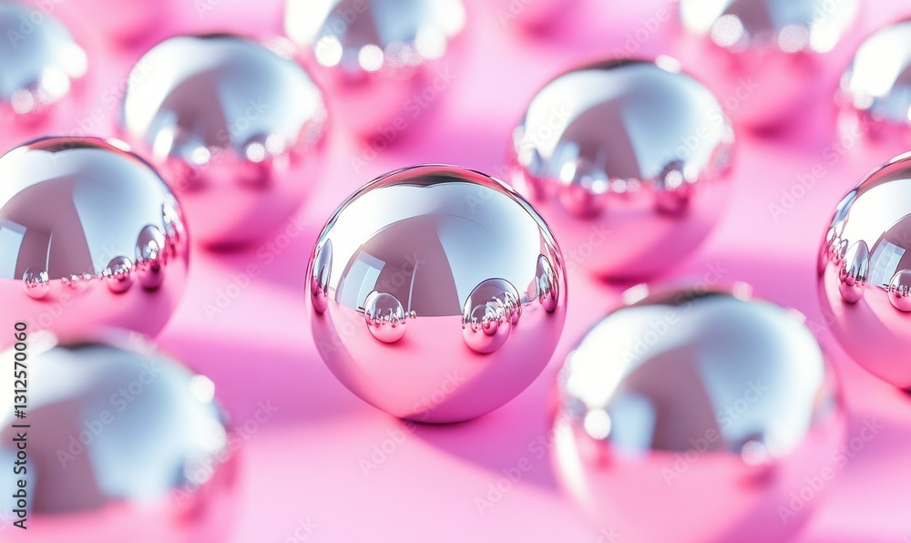Poster minimalist composition of shiny metallic spheres resting on a pastel pink surface, bright reflection