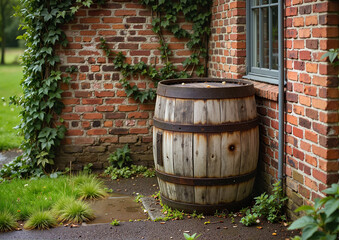 Obraz premium Rustic wooden rain barrel against brick wall with ivy - vintage garden decor for landscaping websites, home improvement blogs, and sustainable gardening content
