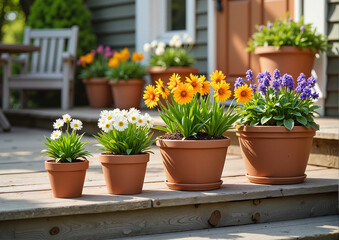 Colorful potted flowers on garden steps for landscaping blogs, gardening websites, and content about container gardening, patio decoration, and seasonal planting
