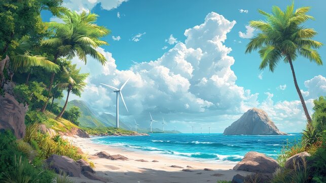 Serene beach landscape with wind turbines, lush palm trees, and a distant rocky island under a clear sky - Powered by Adobe
