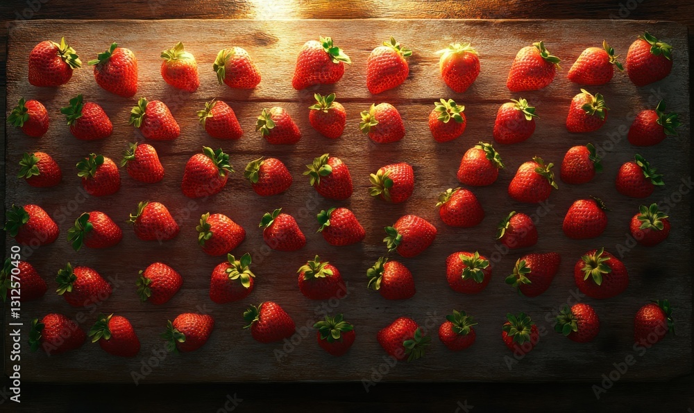 Poster fresh strawberries arranged neatly on a textured wooden surface illuminated by glowing light, creati