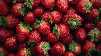 Bunch of fresh strawberries arranged in a flat lay macro close up on a textured background summer food background for text, farm strawberries are beautiful,