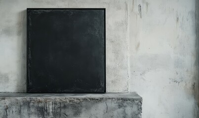 Simple black art frame on a rough-hewn concrete surface, raw edges, simple decor