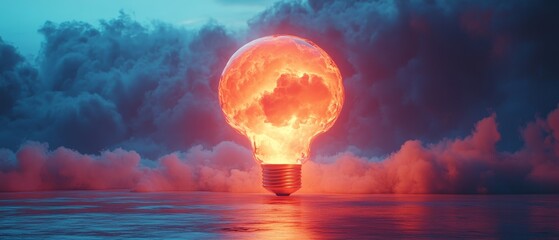 A glowing light bulb is floating in the water